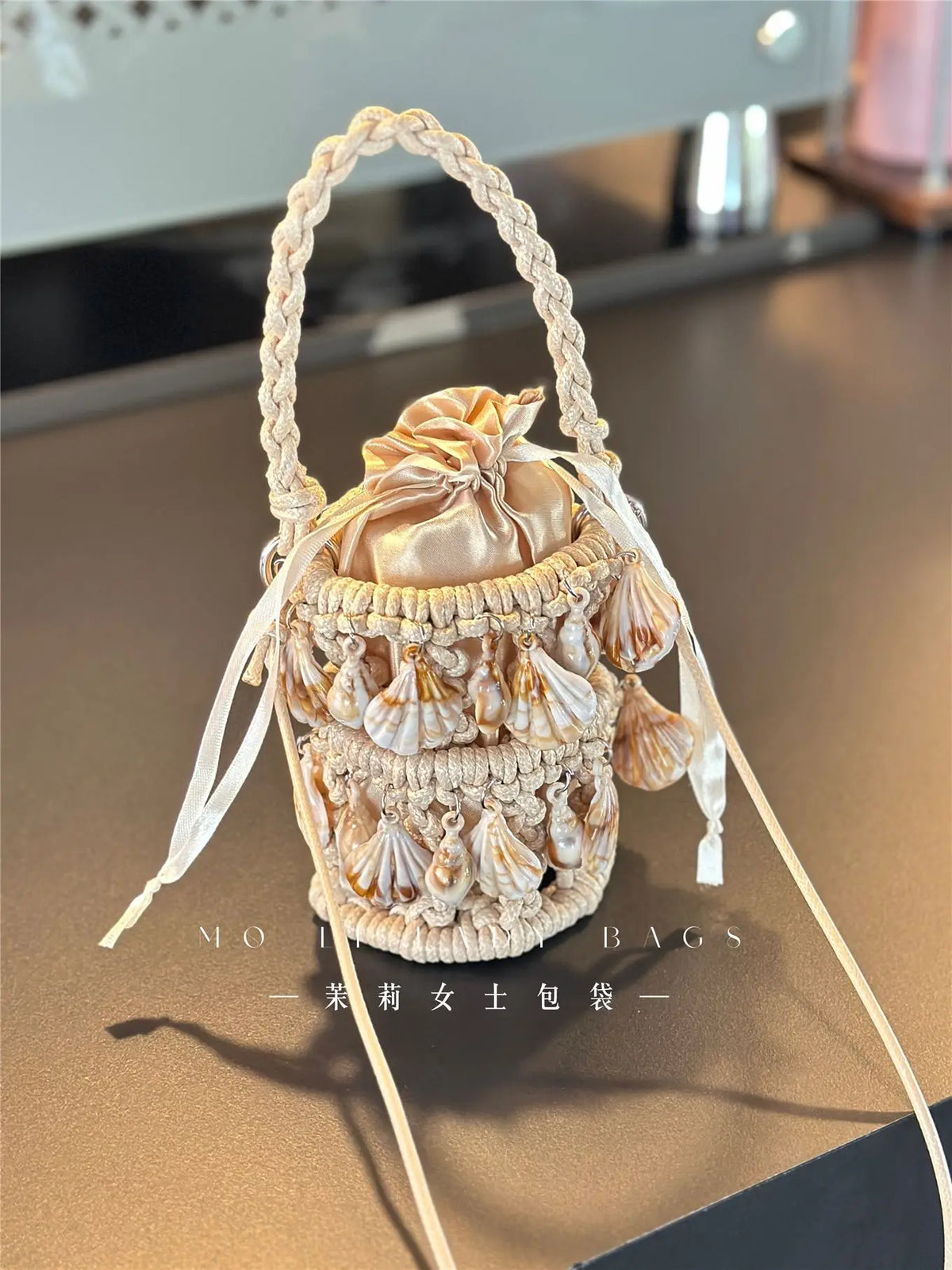 Beaded Woven Bucket Bag