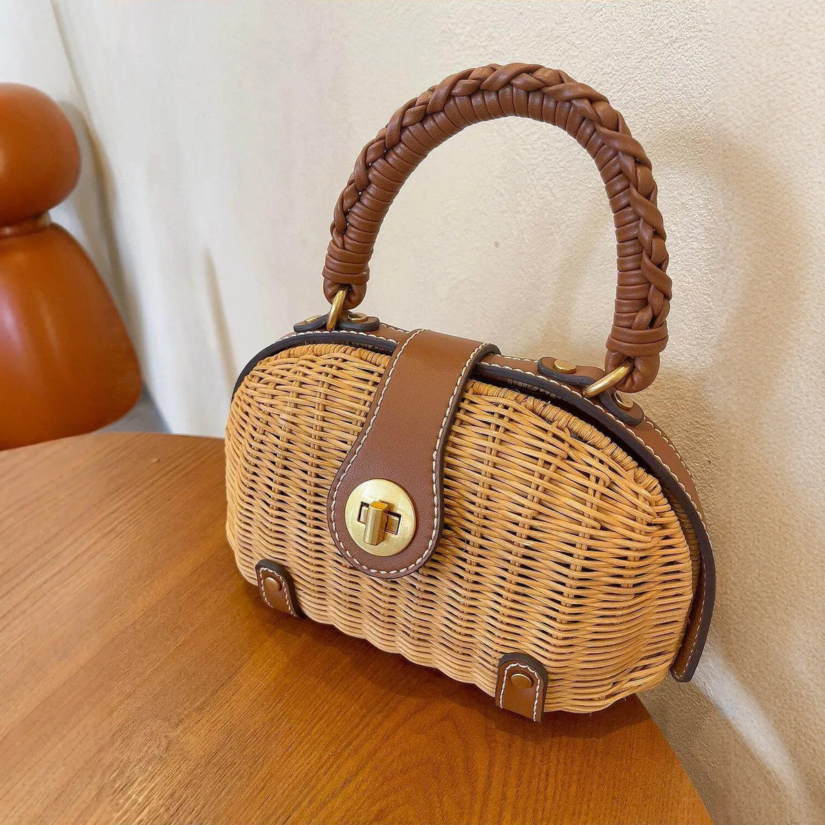 Woven Oval Top-Handle Bag
