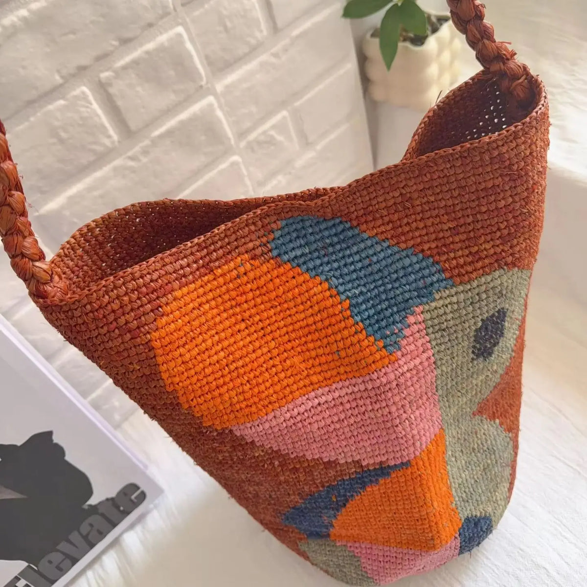Abstract-Motif Woven Bucket Bag