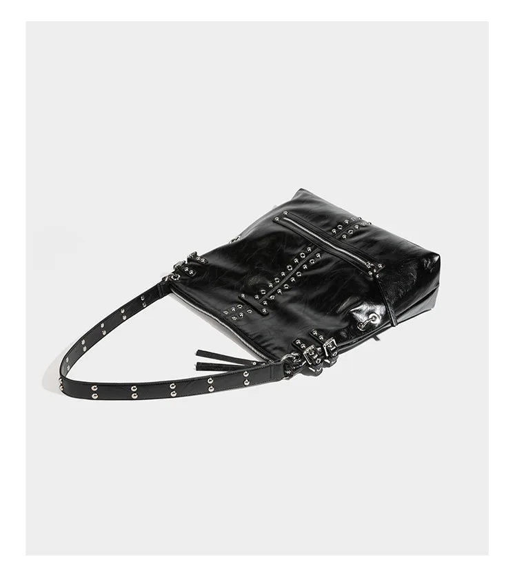 Studded Zip-Pocket Shoulder Bag