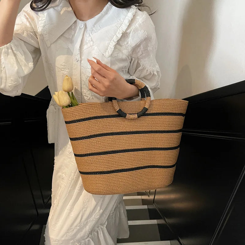 Striped Ring-Handle Basket Bag