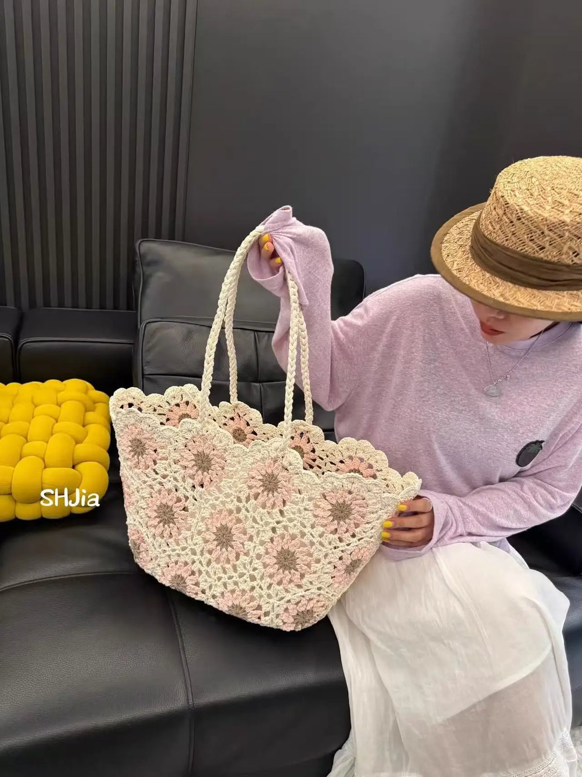 Floral Open-Weave Shoulder Bag