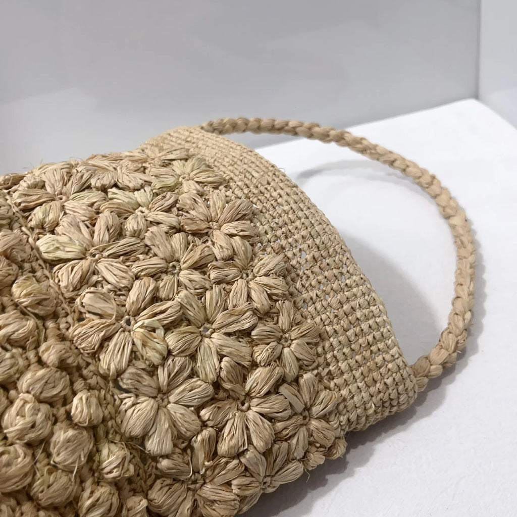 Floral-Textured Woven Bucket Bag