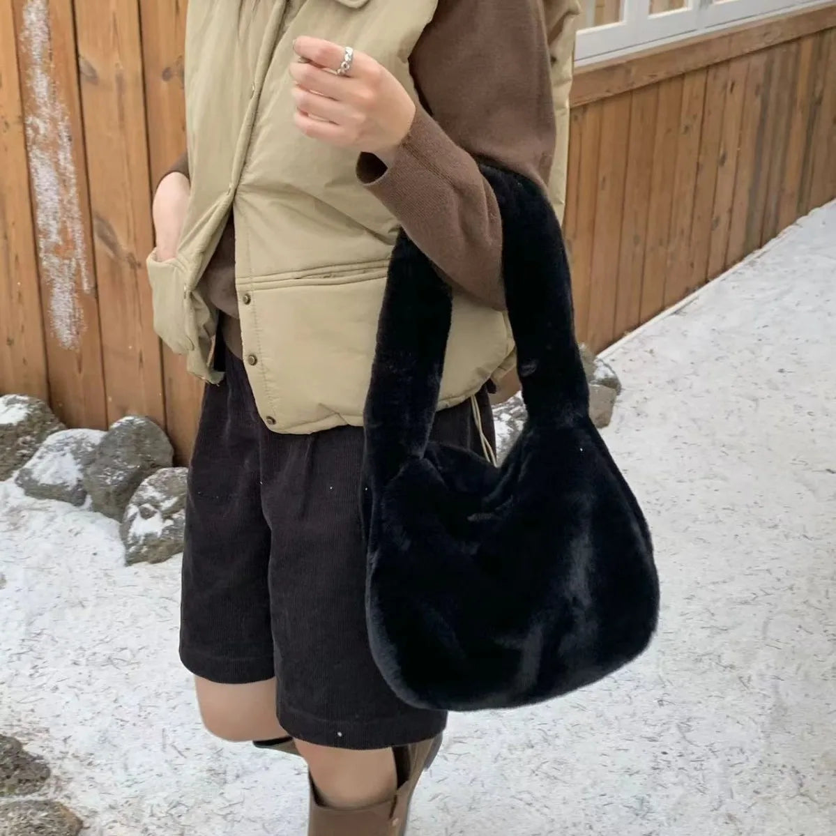 Plush Hobo Shoulder Bag