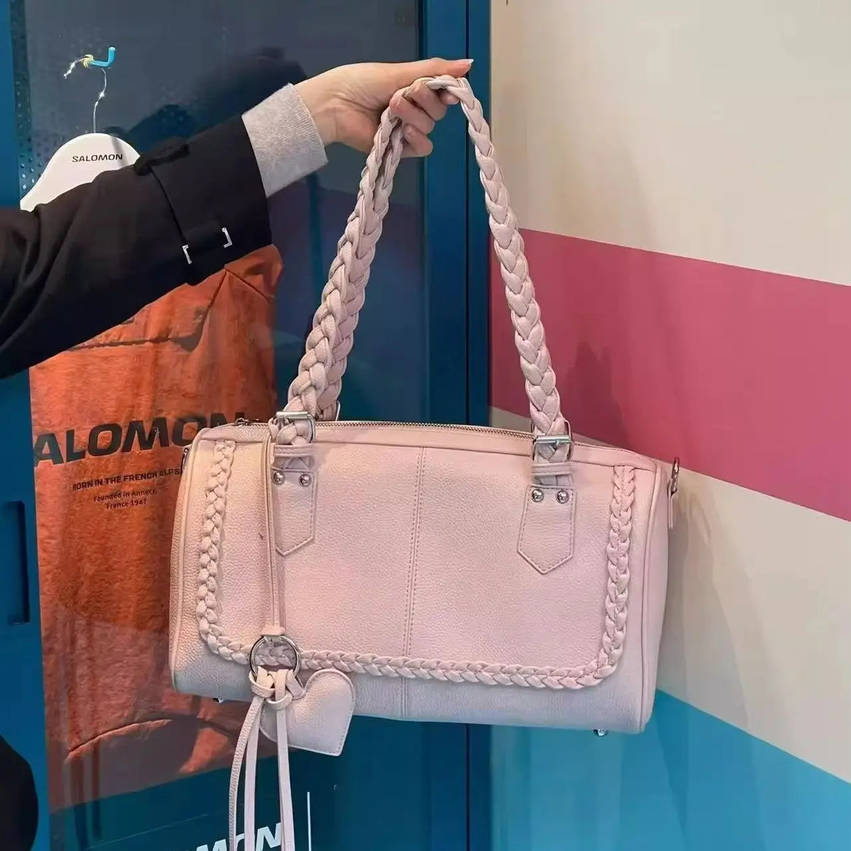 Braided-Handle Bowling Shoulder Bag