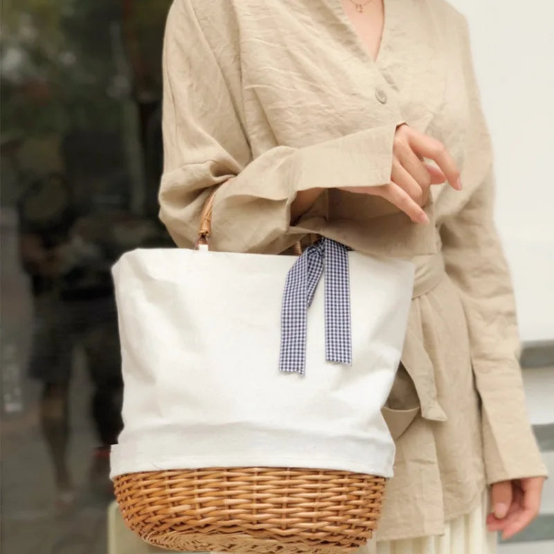 Woven-Base Bucket Tote Bag