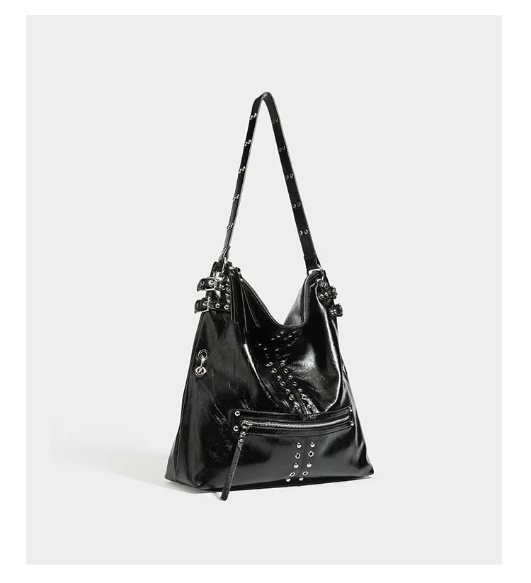Studded Zip-Pocket Shoulder Bag