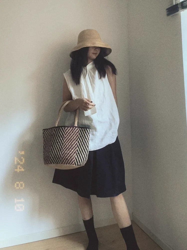 Diagonal-Pattern Woven Bucket Bag