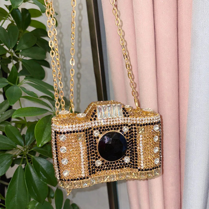 Camera-Shaped Embellished Clutch Bag