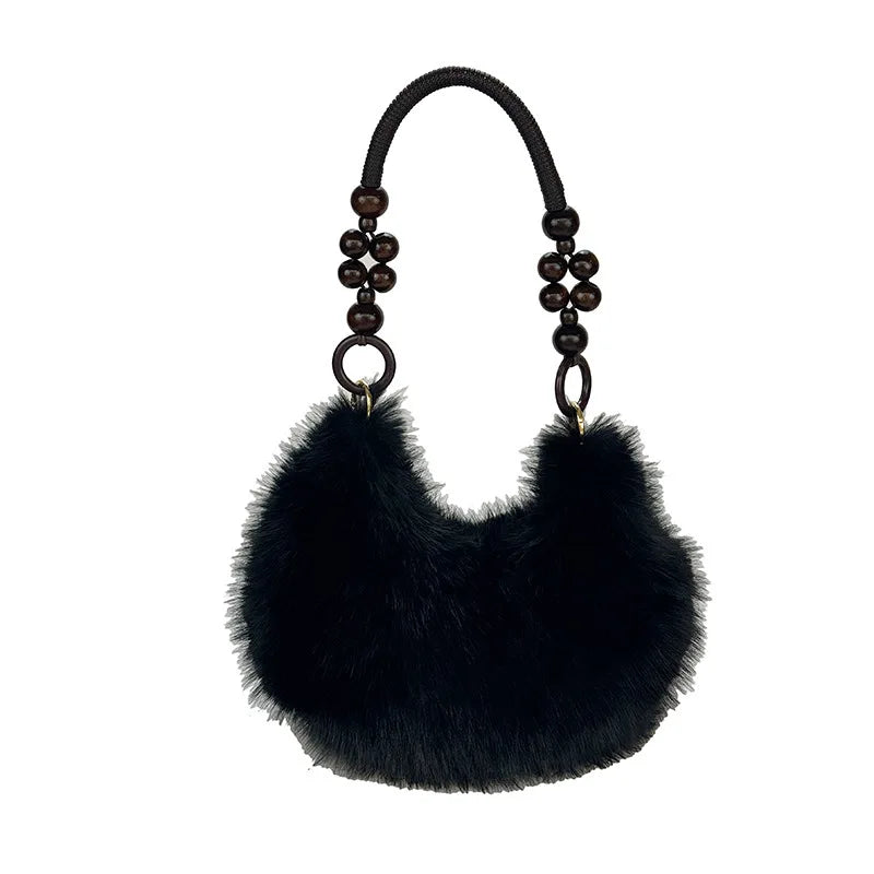 Beaded Handle Plush Handbag