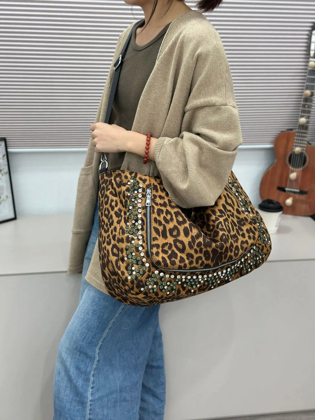 Studded Leopard-Print Tote Bag