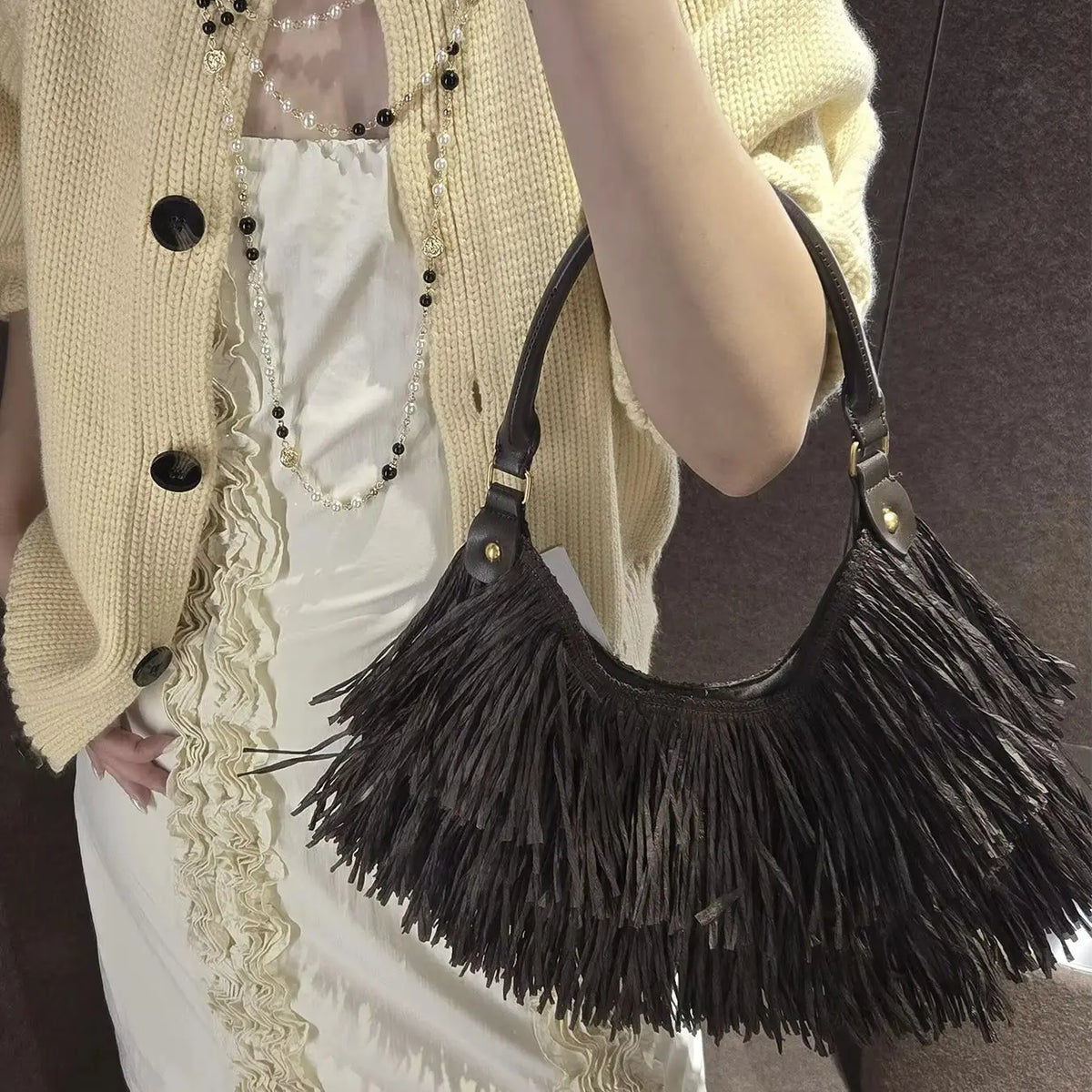 Fringed Crescent Shoulder Bag
