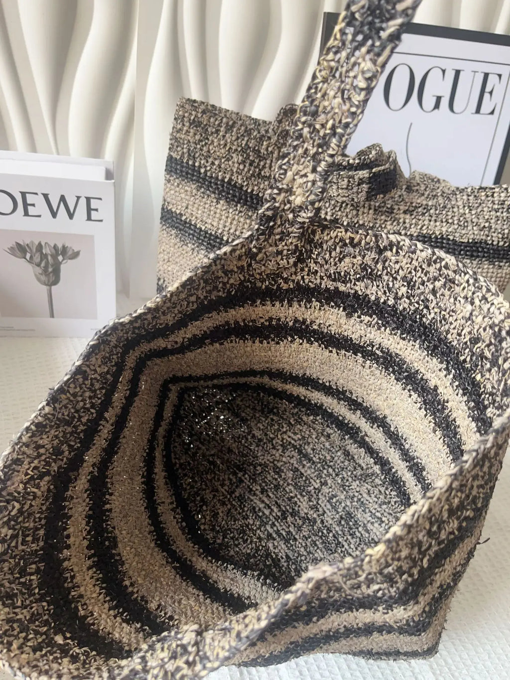 Striped Woven Basket Tote