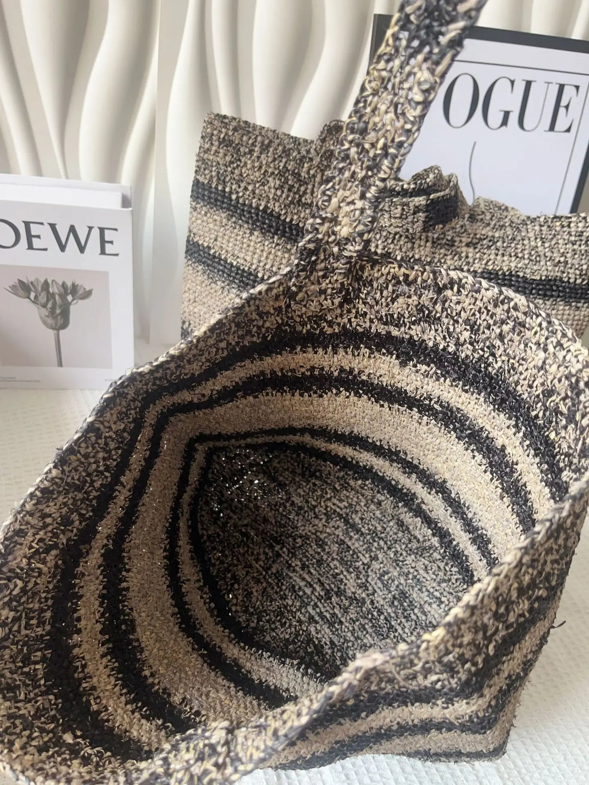 Striped Woven Basket Tote
