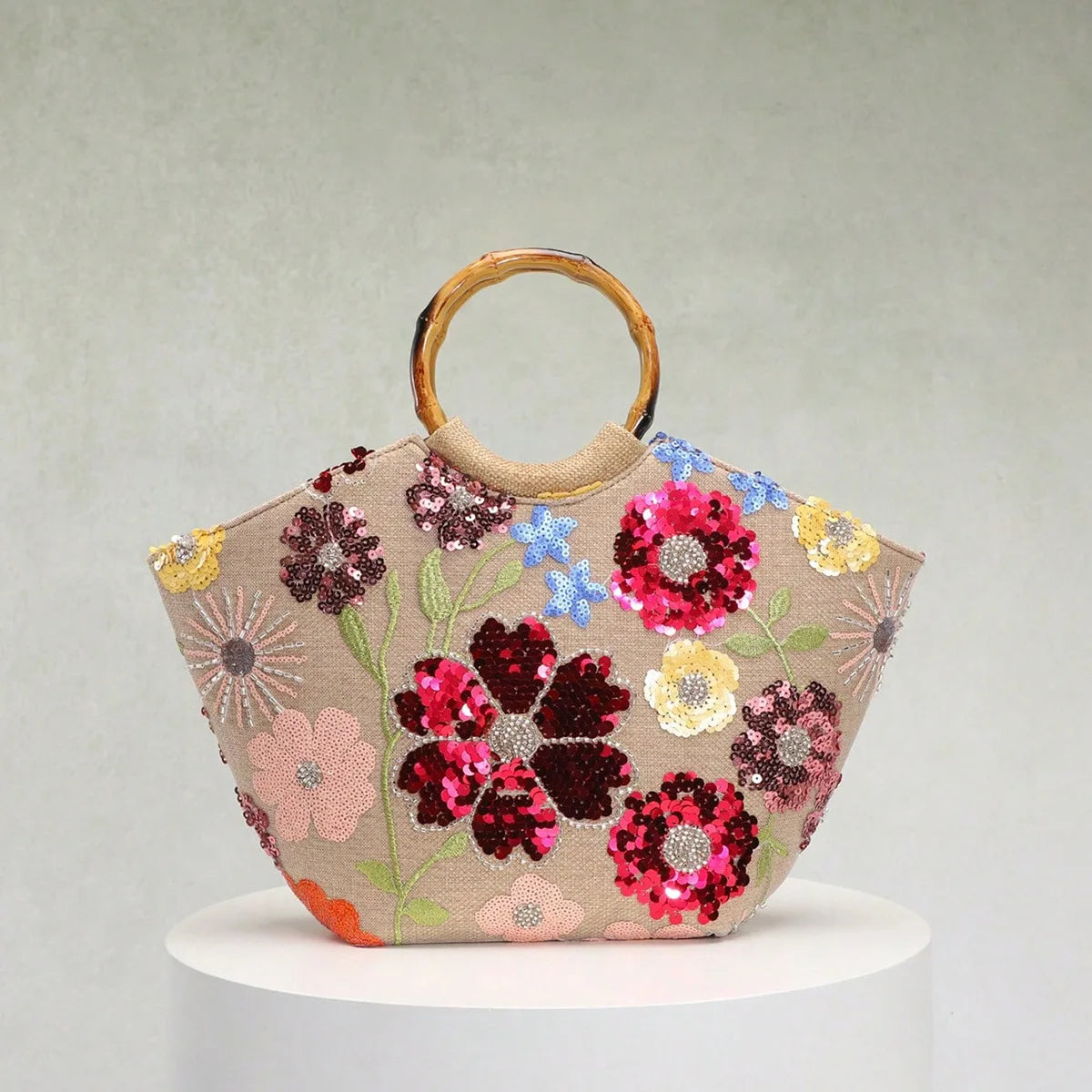Floral Sequin Round-Handle Tote