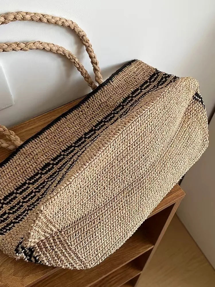 Striped Woven Shoulder Tote
