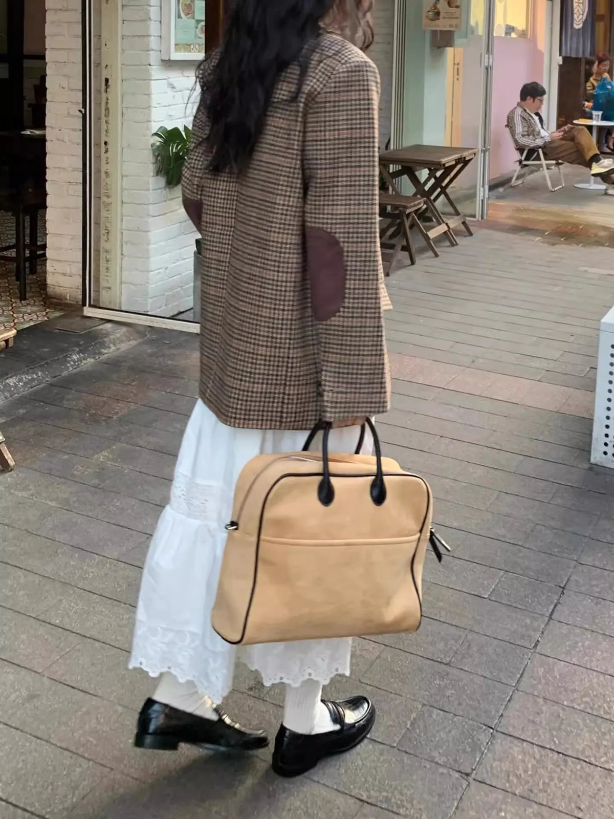 Contrast-Trim Top-Handle Bag