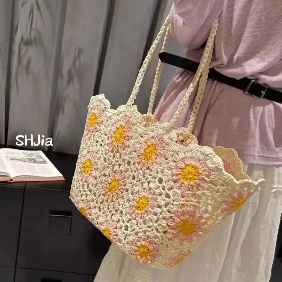 Floral Open-Weave Shoulder Bag