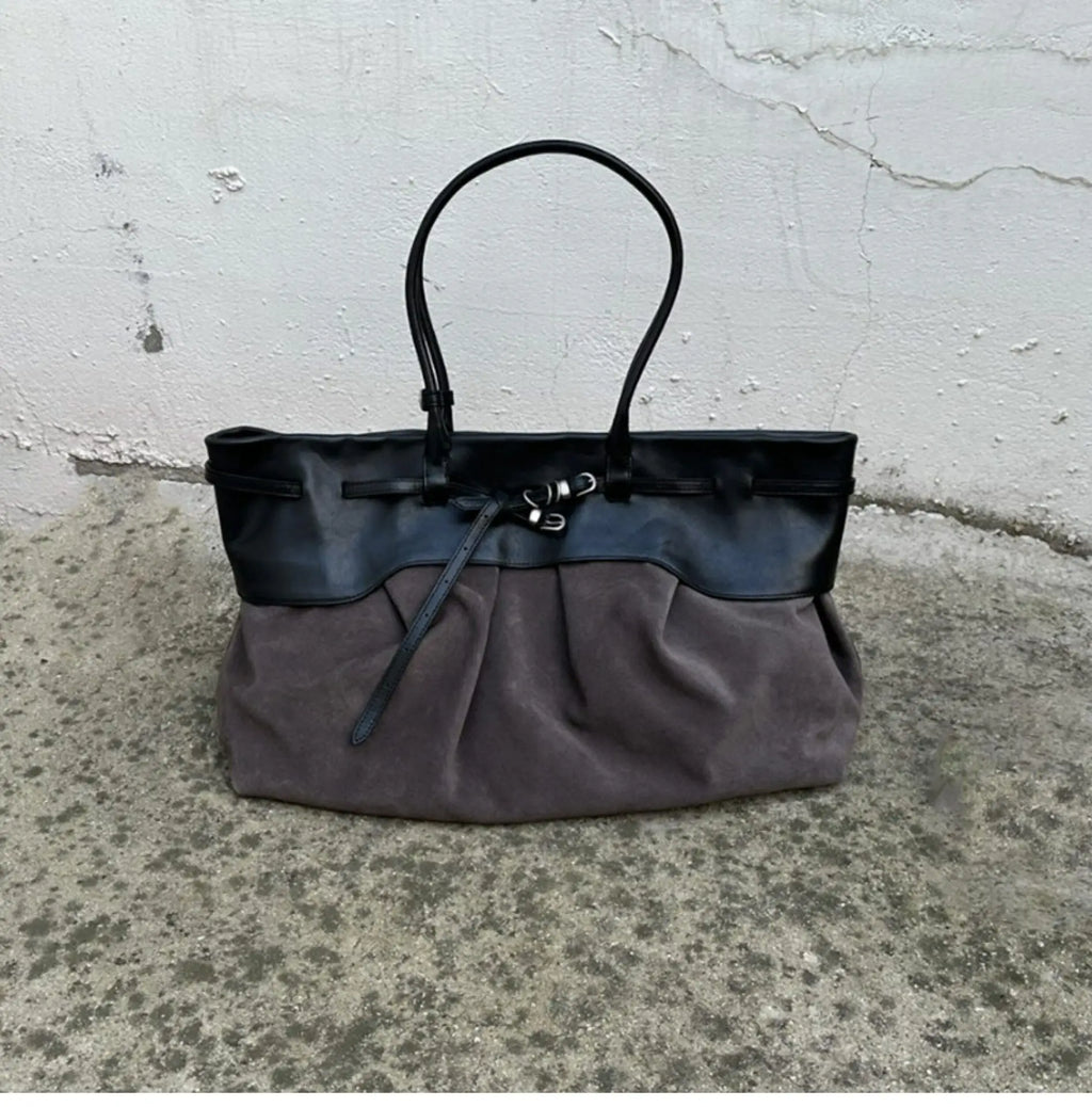 Contrast-Panel Buckled Tote Bag