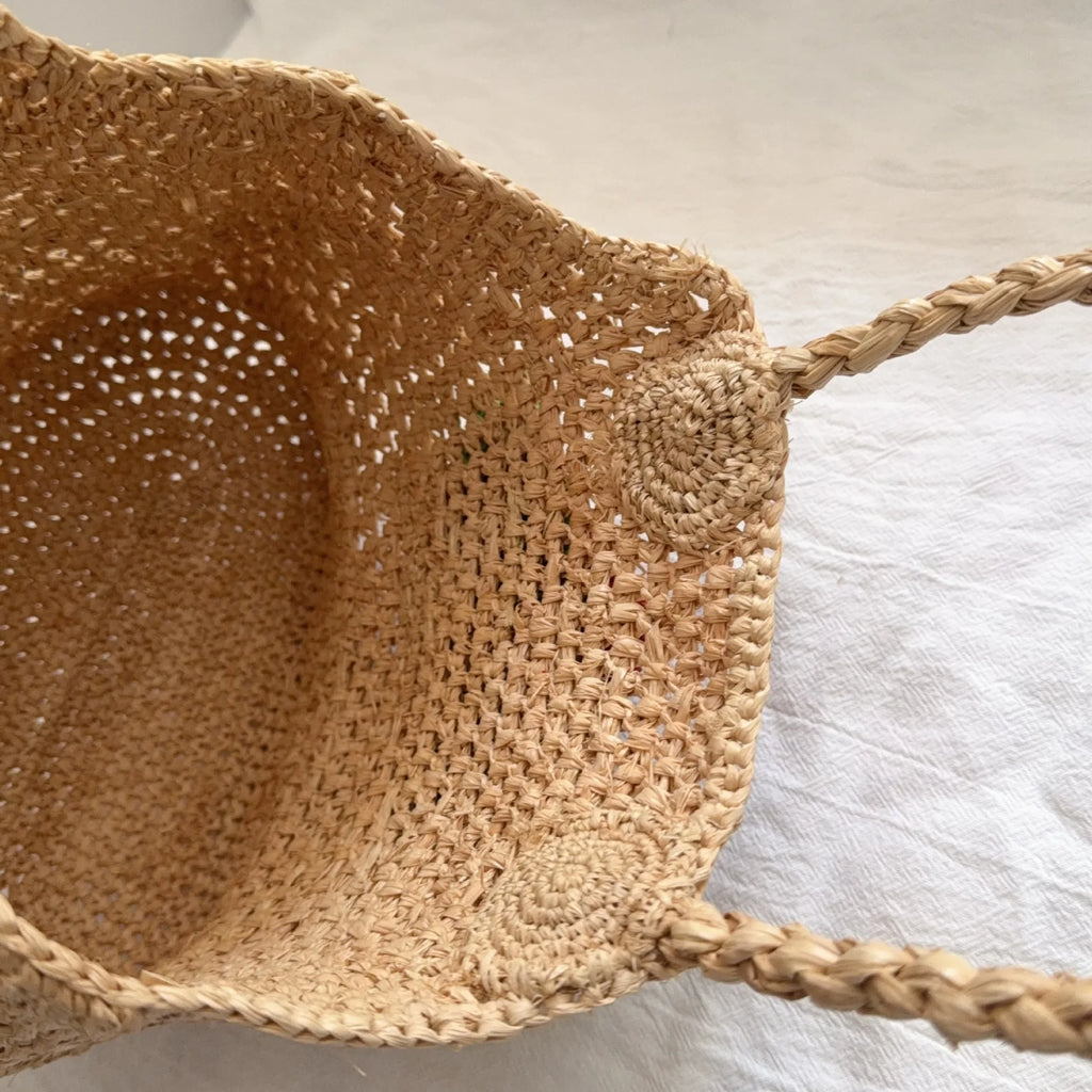 Rose-Applique Woven Tote Bag