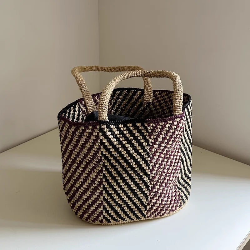 Diagonal-Pattern Woven Bucket Bag
