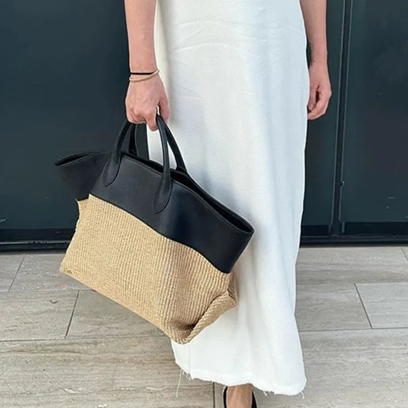 Contrast-Panel Woven Tote Bag