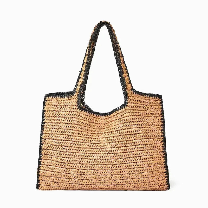 Contrast-Trim Woven Tote Bag