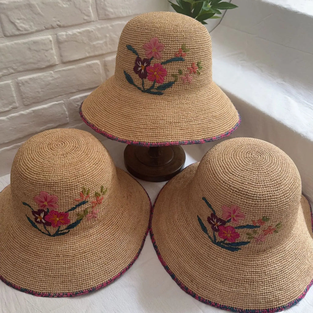 Floral Embroidered Woven Sun Hat