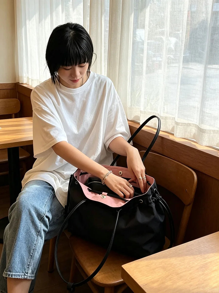 Contrast Trim Drawstring Tote