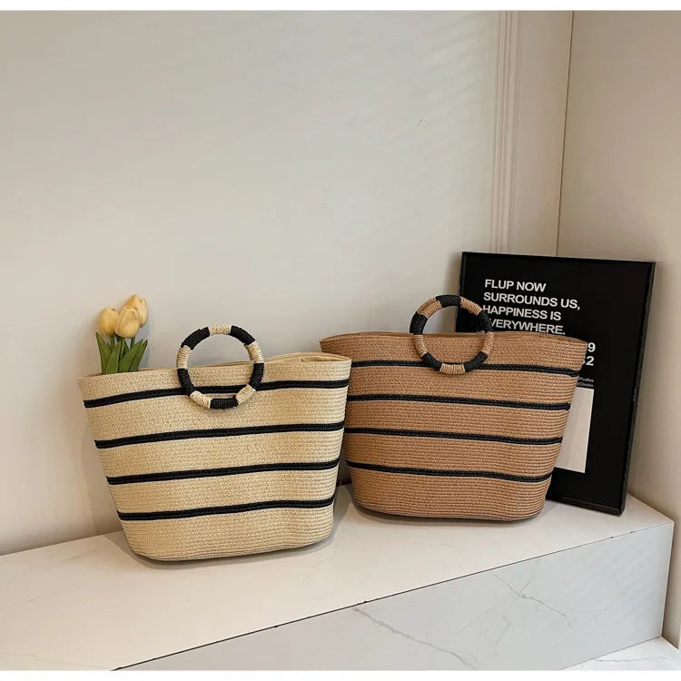 Striped Ring-Handle Basket Bag