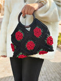 Floral Applique Round-Handle Handbag