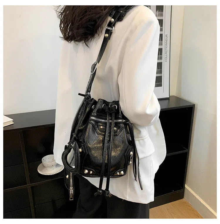 Studded Drawstring Bucket Bag