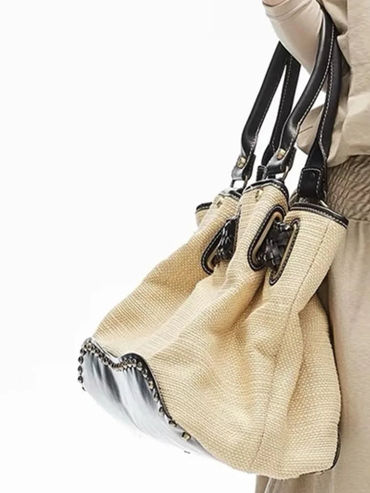 Buckle Trim Woven Tote Bag