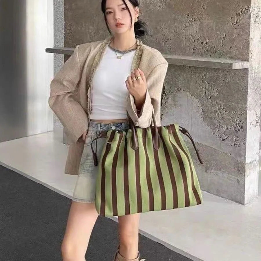 Striped Drawstring Tote Bag