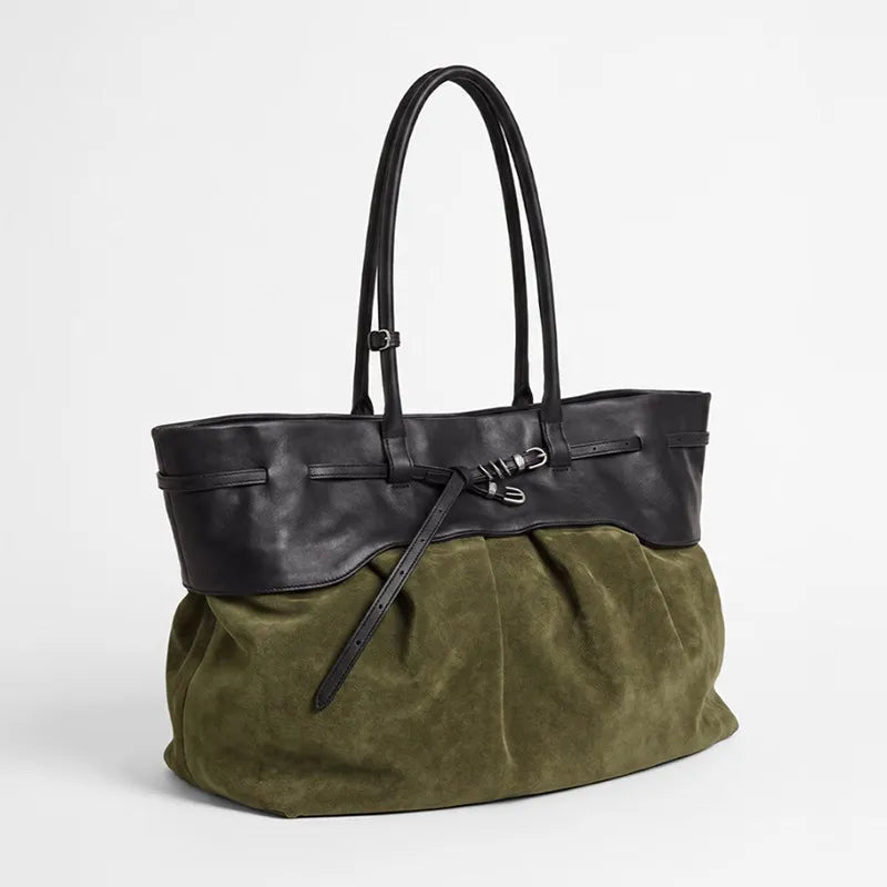Contrast-Panel Buckled Tote Bag