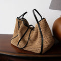 Contrast-Trim Woven Tote Bag