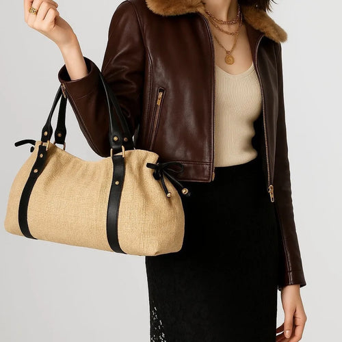 Contrast-Strap Woven Shoulder Bag