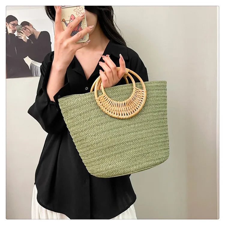 Round-Handle Woven Tote Bag