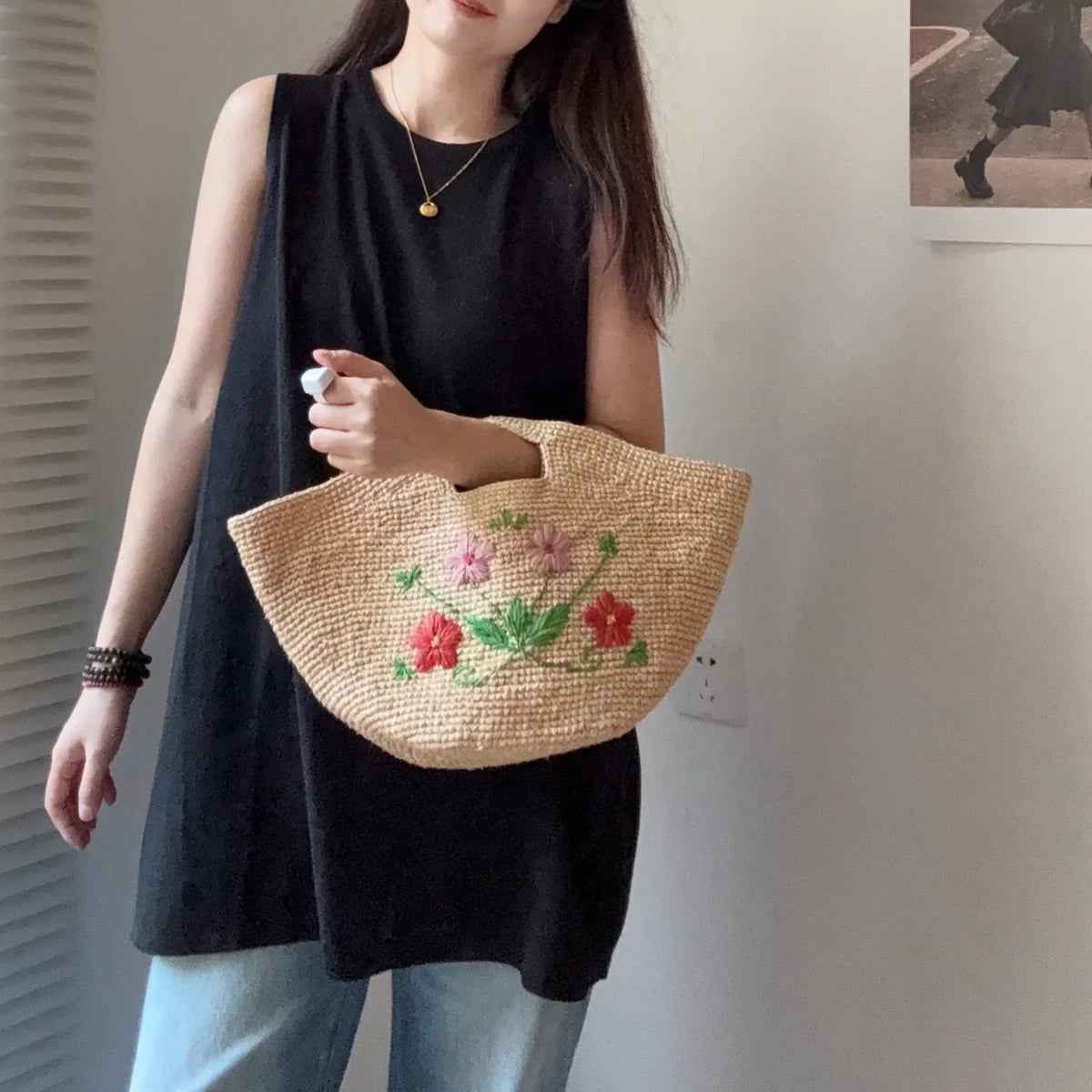 Floral Embroidered Woven Basket Bag