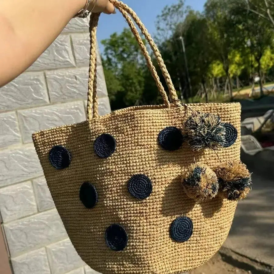 Polka-Dot Woven Tote Bag
