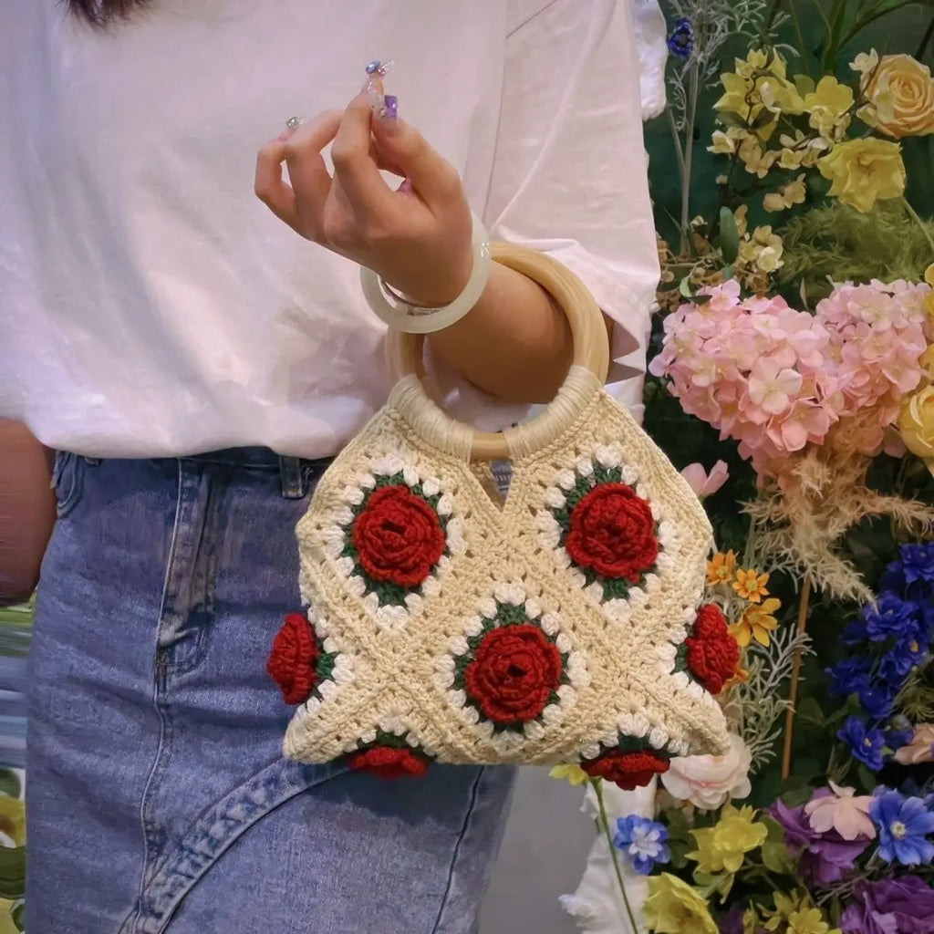 Floral Applique Round-Handle Handbag