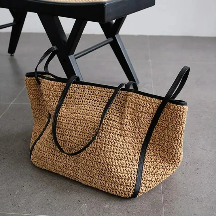 Contrast-Trim Woven Tote Bag