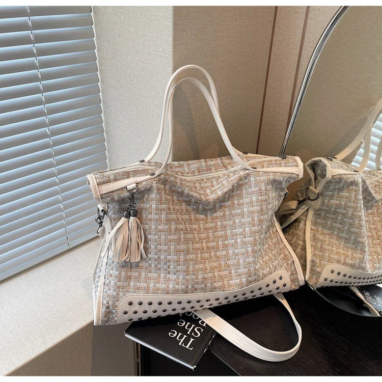 Studded Woven Tote Bag