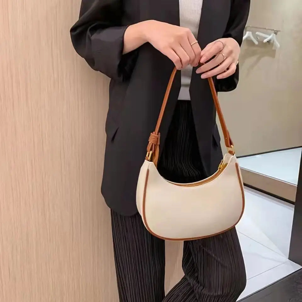 Curved Contrast-Trim Shoulder Bag