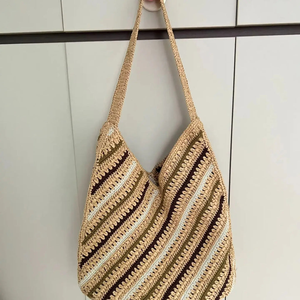 Diagonal-Stripe Woven Shoulder Bag