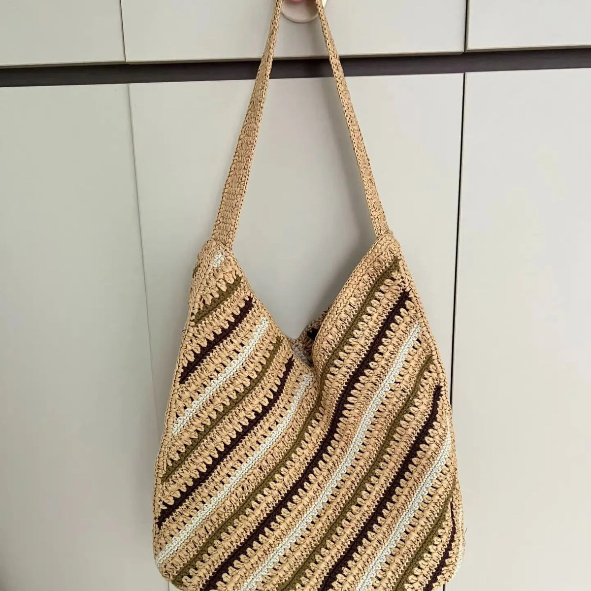 Diagonal-Stripe Woven Shoulder Bag
