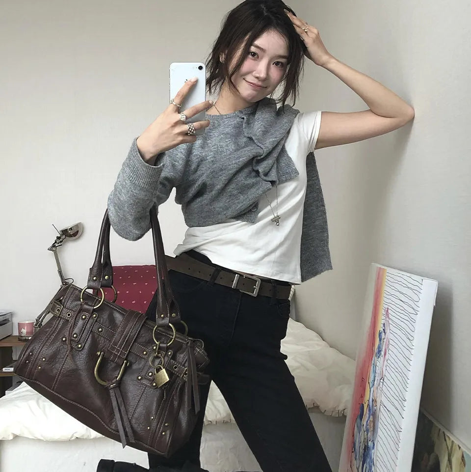 Buckled Studded Shoulder Bag