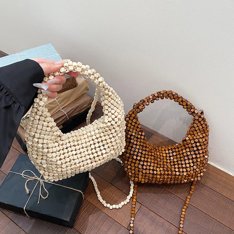 Beaded Crescent Top-Handle Bag