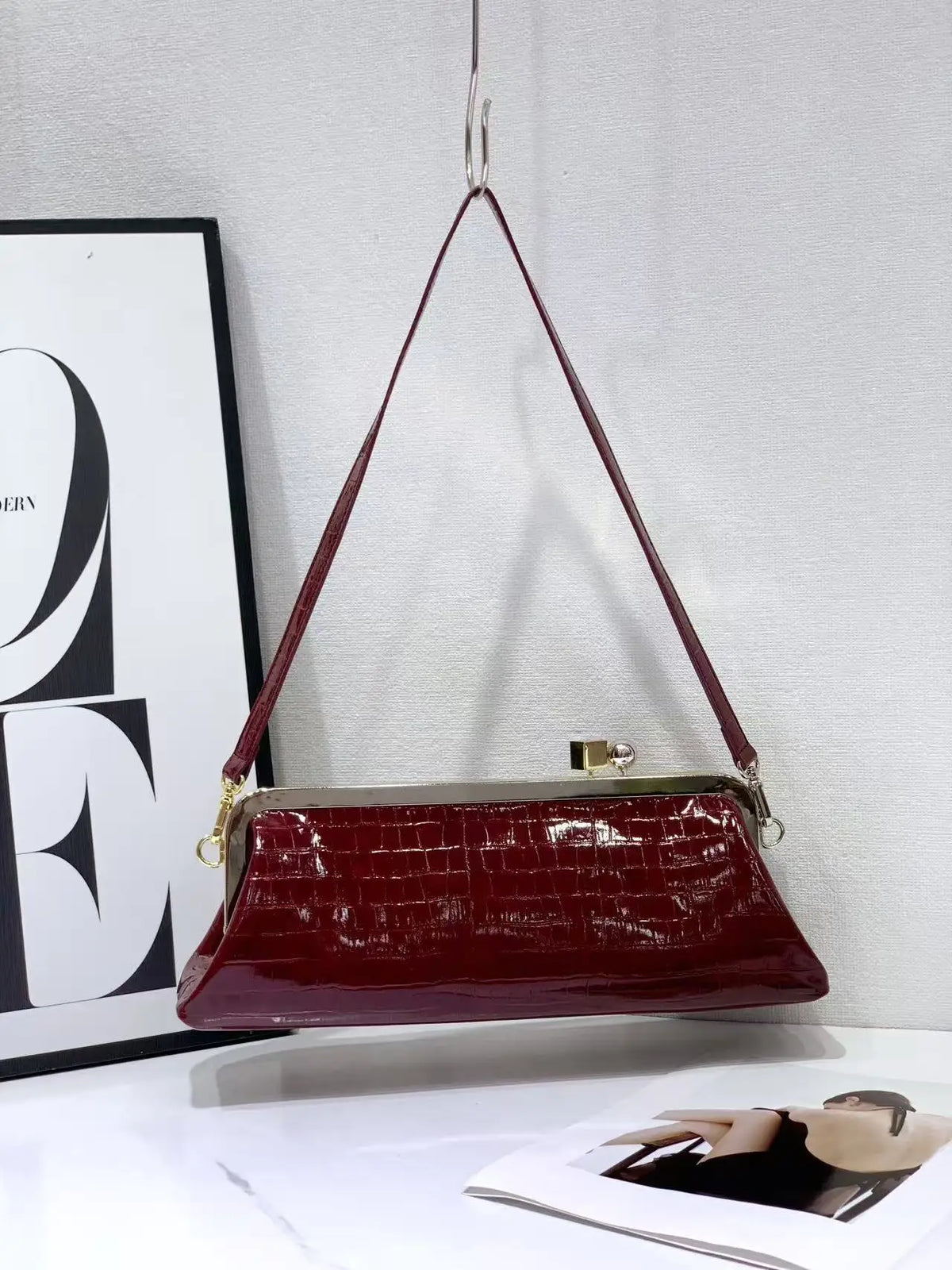 Croc-Embossed Frame Shoulder Bag