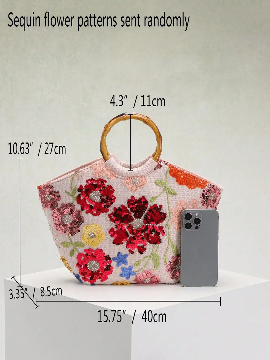Floral Sequin Round-Handle Tote